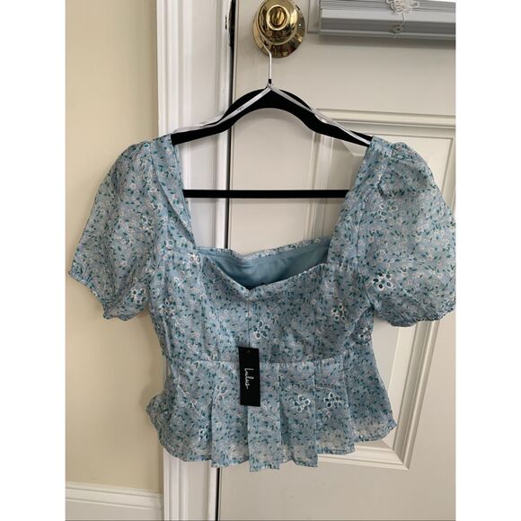 Dainty Effect Blue Floral Embroidered Pleated Puff Sleeve Top NWT - Picture 9 of 12
